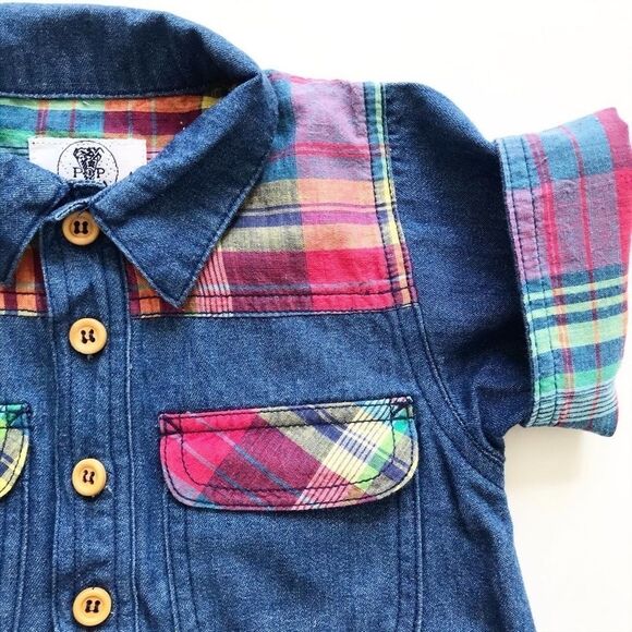 Vintage Pop soda chambray plaid detail romper 3T - Picture 2 of 8